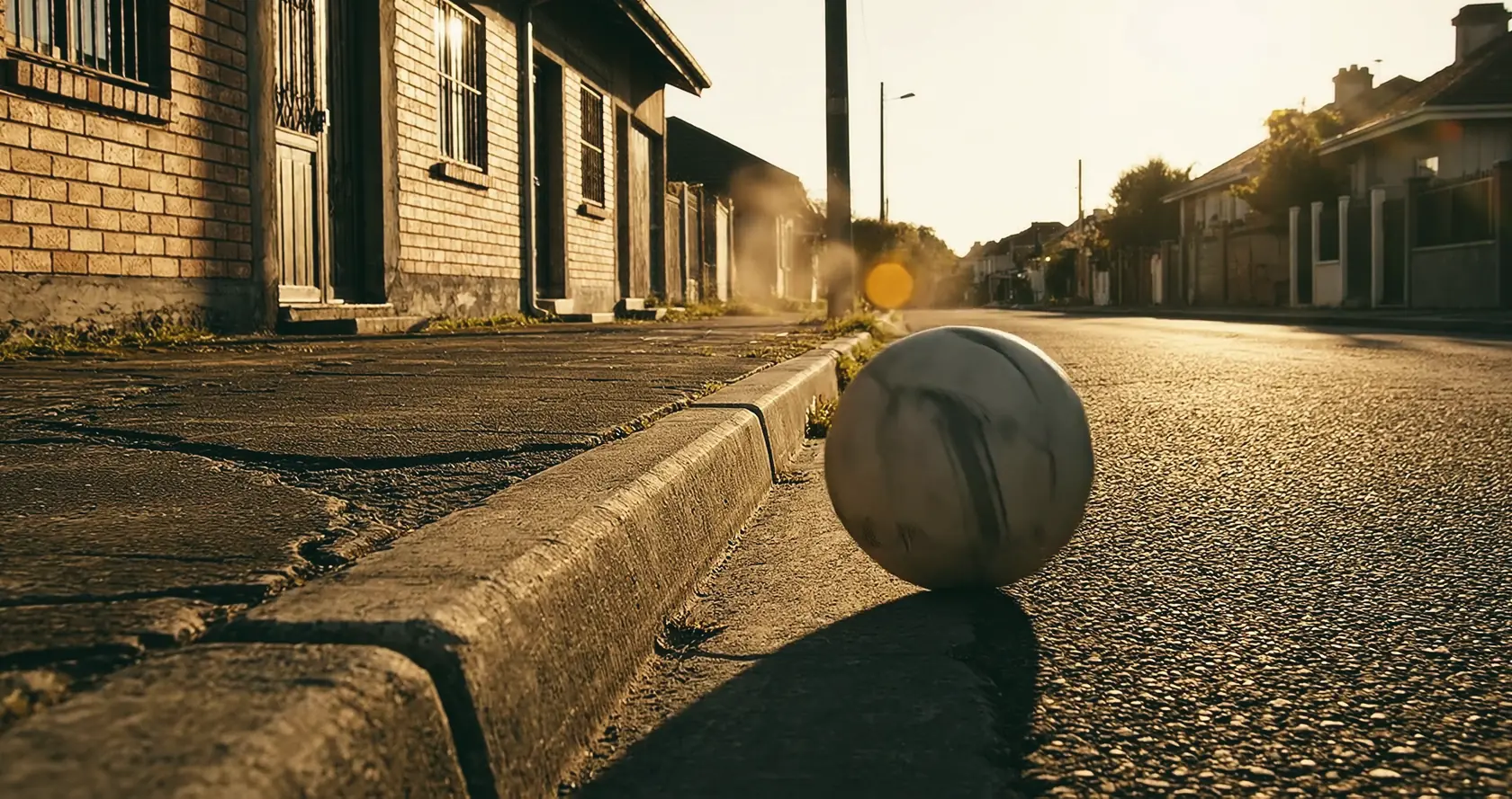 An old, worn football at rest against a kerb on an empty street at low sun.