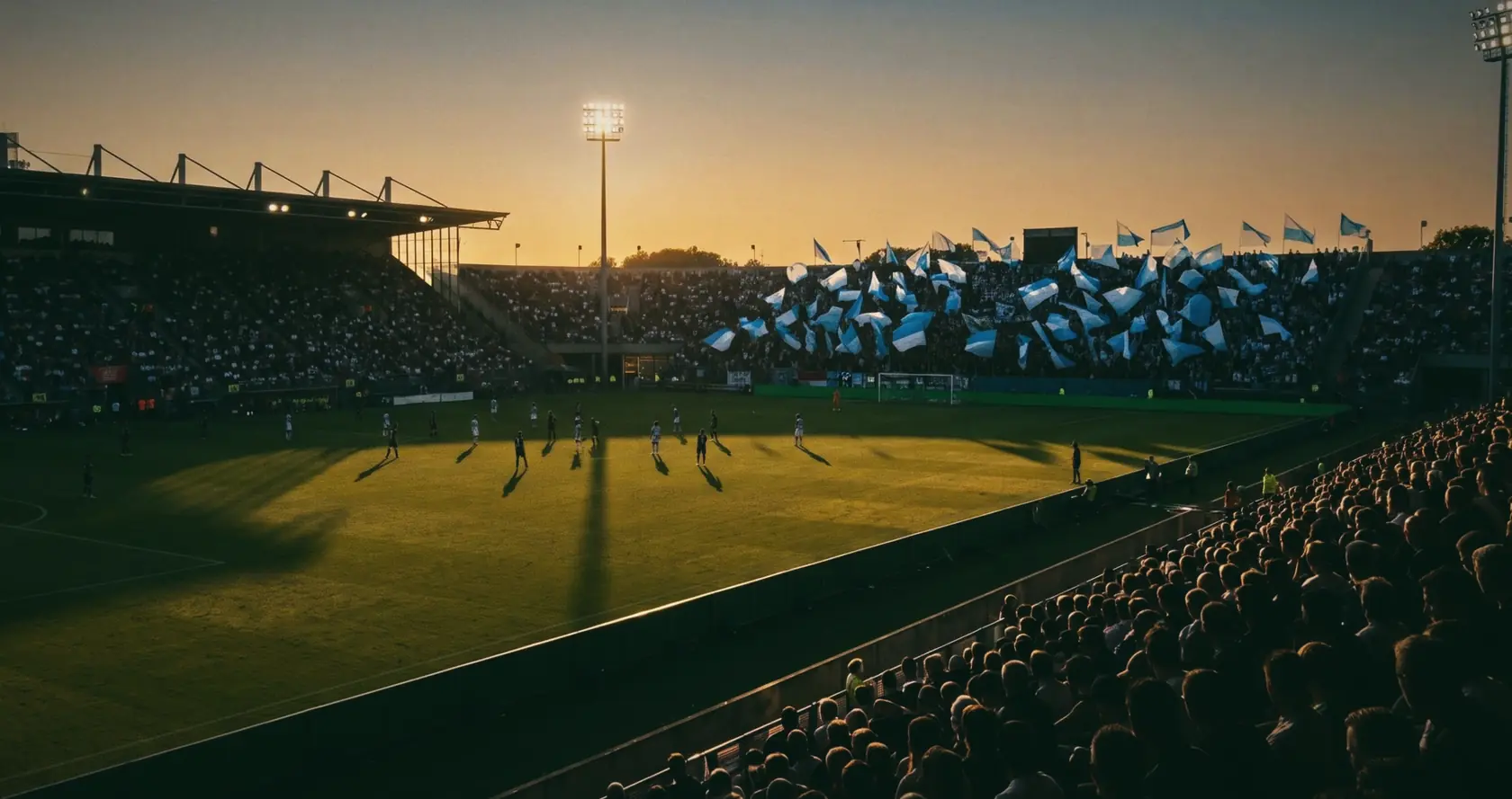 A packed stadium at dusk, with long shadows on the pitch and pale blue and white flags in the far stand.