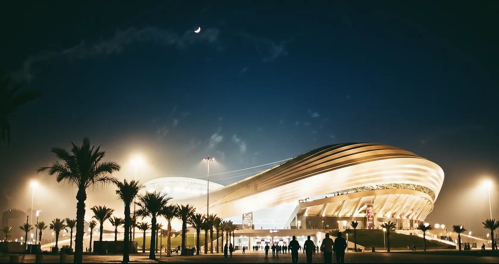 Figures silhouetted walking towards a glowing gold-roofed stadium among palm trees, under a crescent moon.