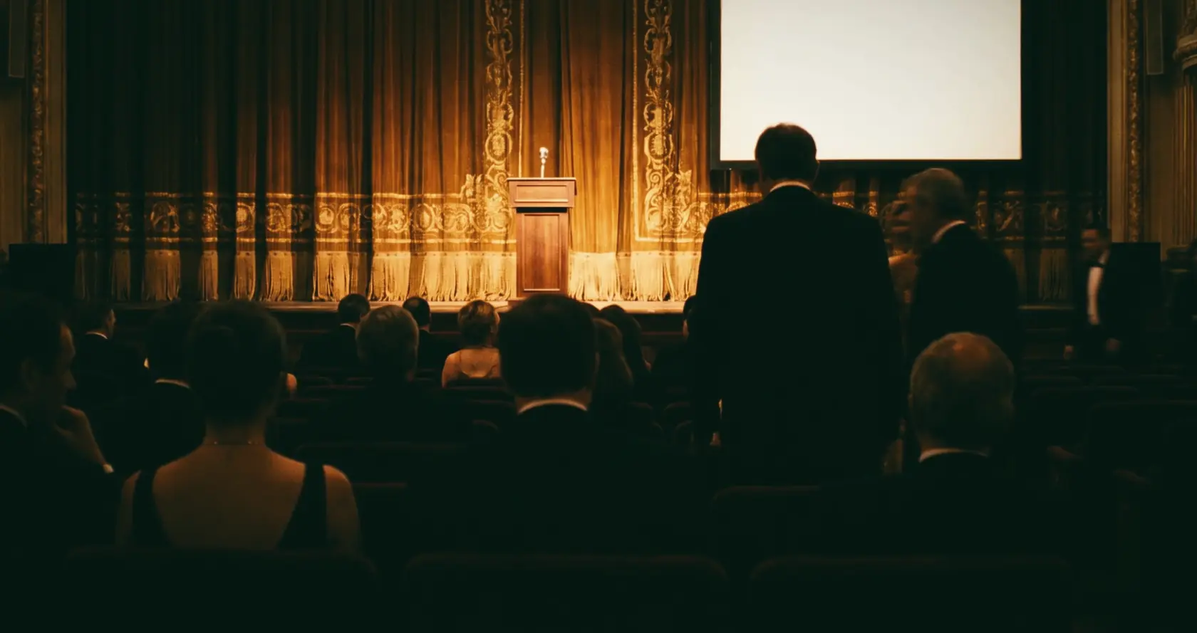 Figures in evening dress, seen from behind, in a dark theatre with gold curtains and an empty lectern.