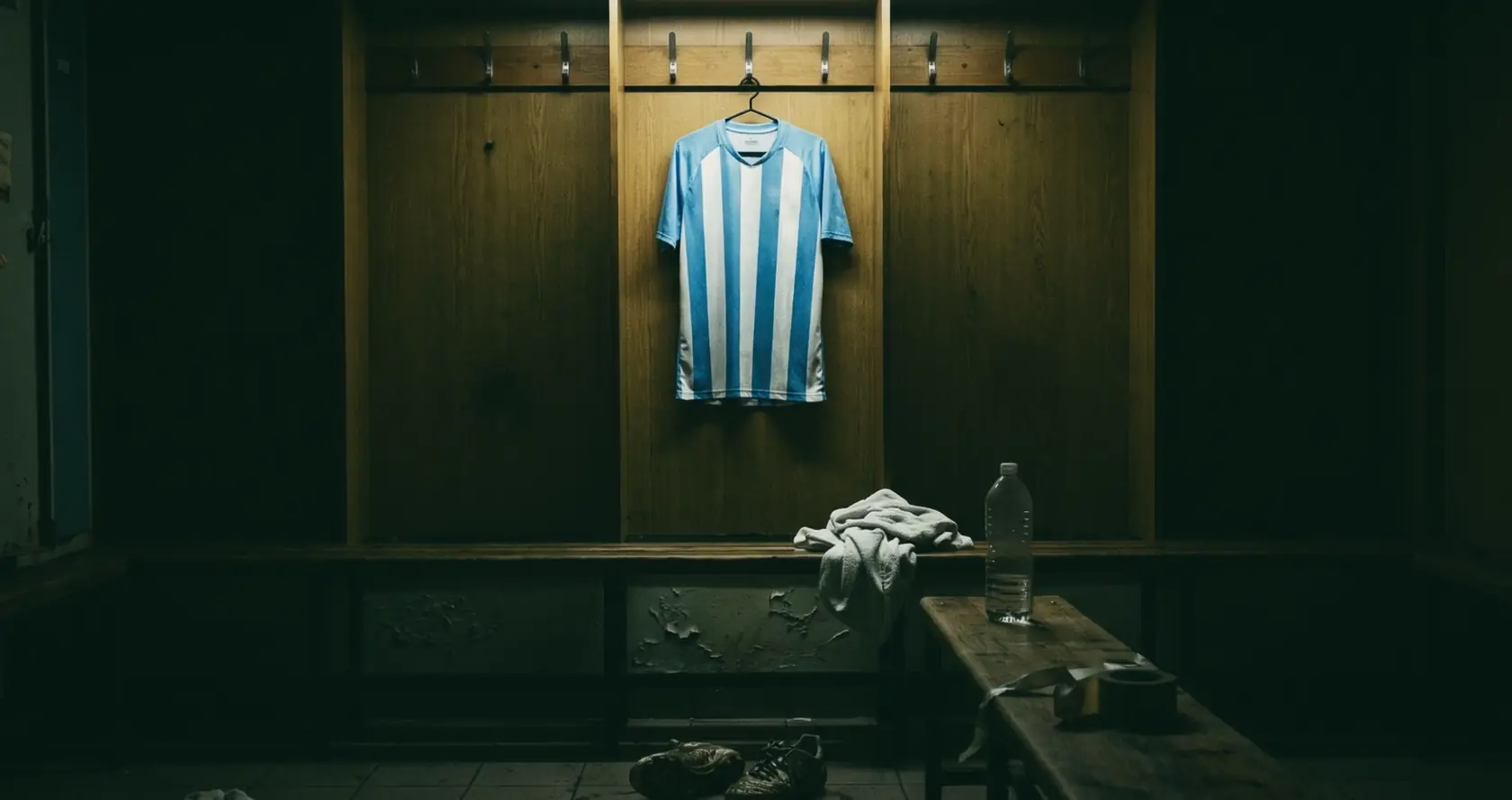 A pale blue and white striped shirt on a hook in an empty wood-panelled dressing room.