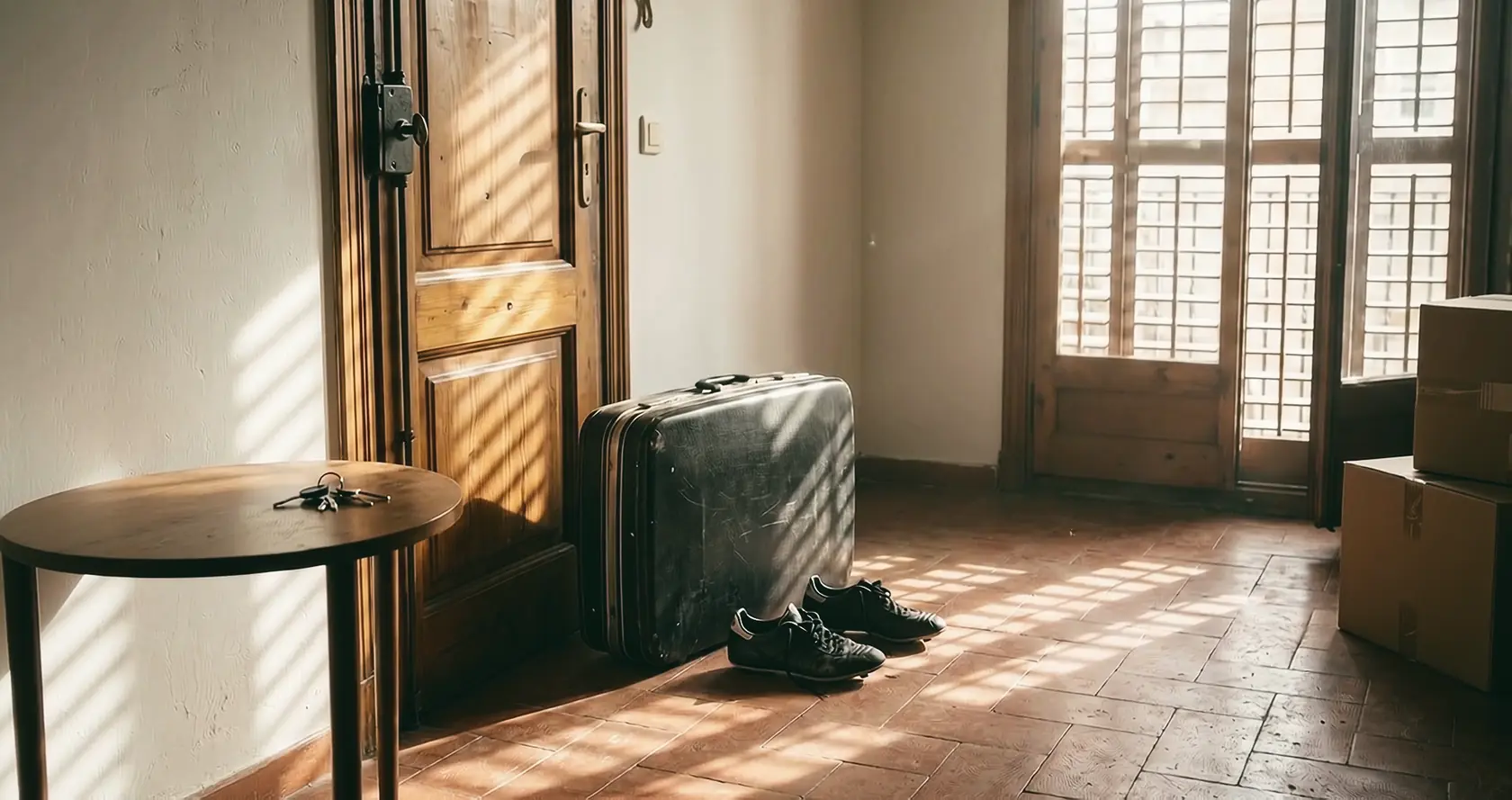 A worn suitcase, boots and packing boxes in a room with slatted sun on the floor.