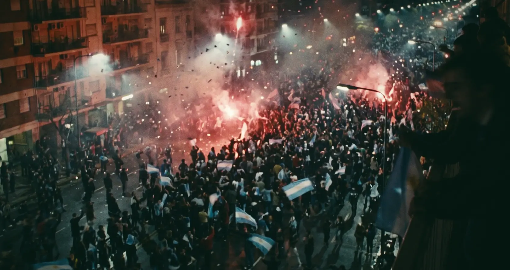 A huge street crowd from above at night, red flares and smoke between apartment blocks.