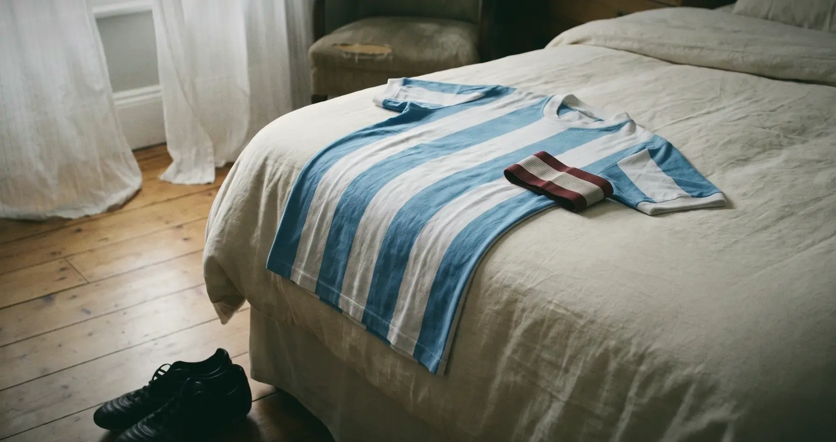 A striped pale blue and white shirt and a folded armband on a bed in a sunlit room.